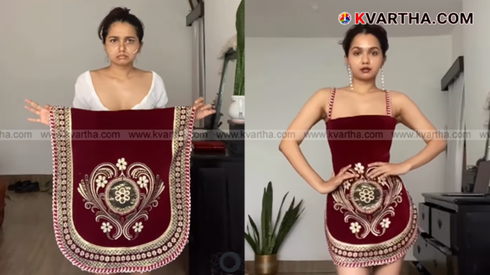 Rachel DeCruz wearing a designer dress made from a sofa cover.