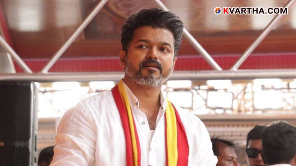 Thalapathy Vijay in a political rally or movie poster