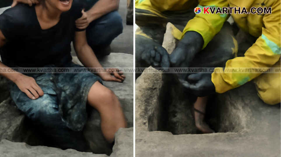 Fire and rescue officers helping a woman whose leg is stuck in a drain in Palakkad.