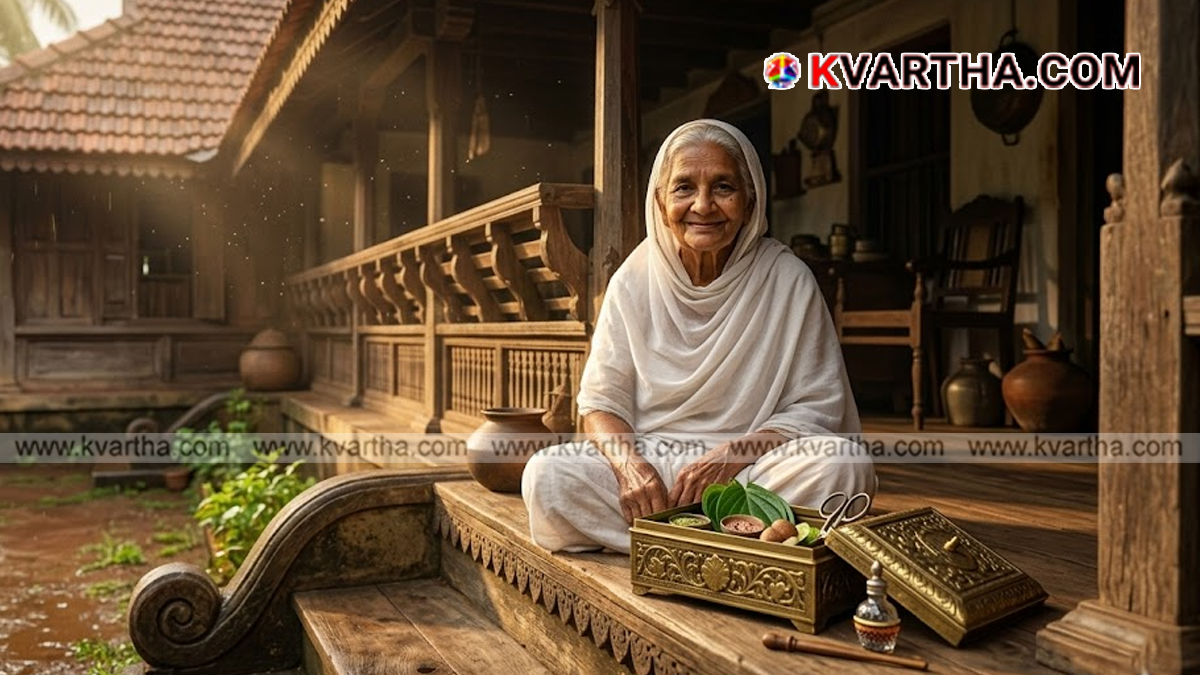 Conceptual image showing a traditional brass betel nut box (murukkan petti) and a surma bottle evoking nostalgia.