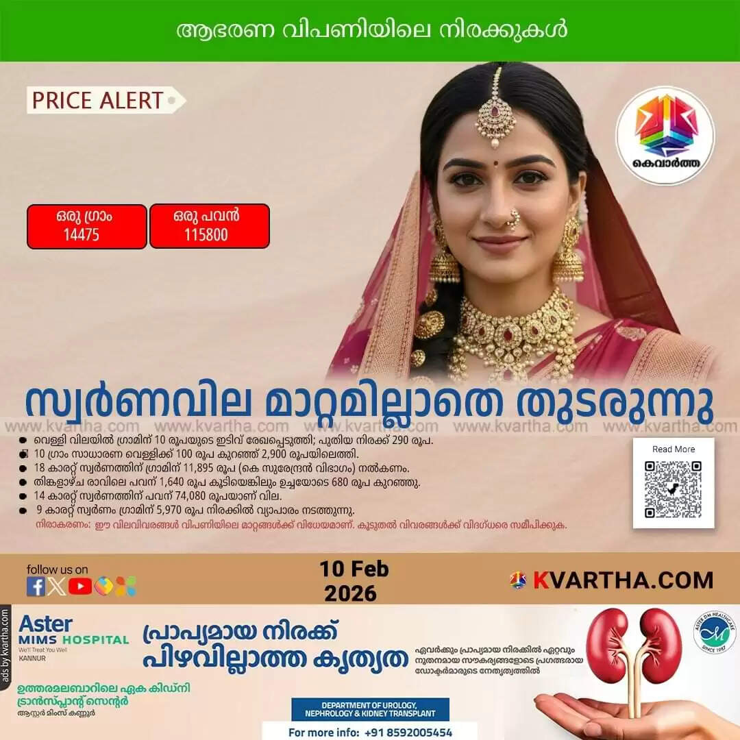 kerala gold price unchanged silver drops feb 10 2026