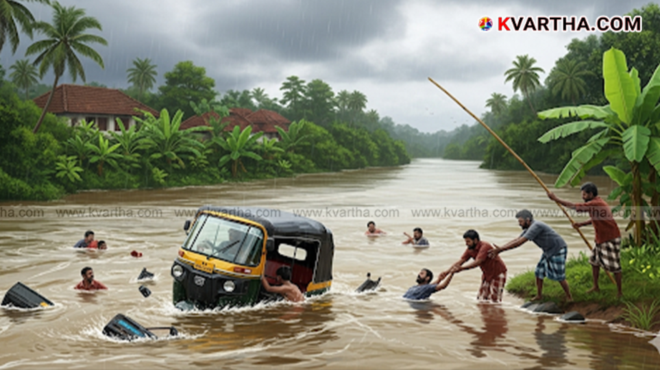 An autorickshaw that has fallen into a river in Ulikkal, Kannur.
