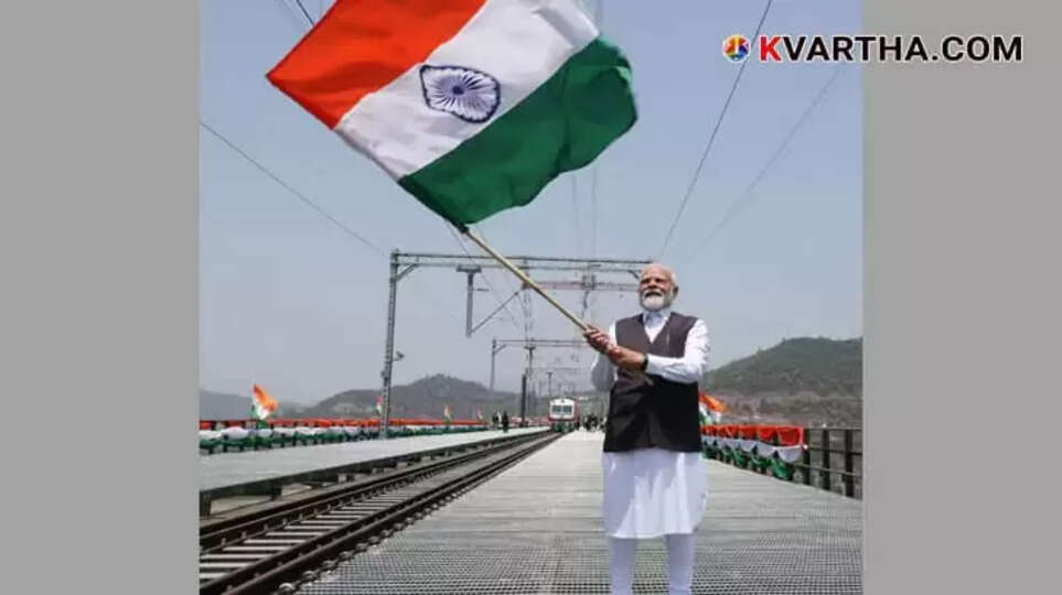Prime Minister Narendra Modi inaugurating the Chenab Railway Arch Bridge in Jammu and Kashmir.