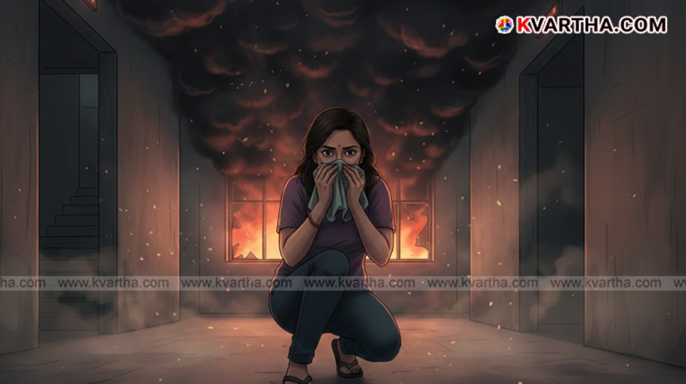 Dense black smoke from a building fire