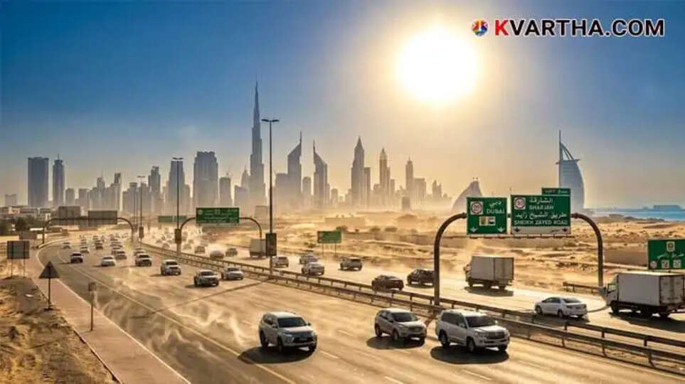 A representative image of the blazing sun over a UAE city skyline with heat haze visible on the roads.