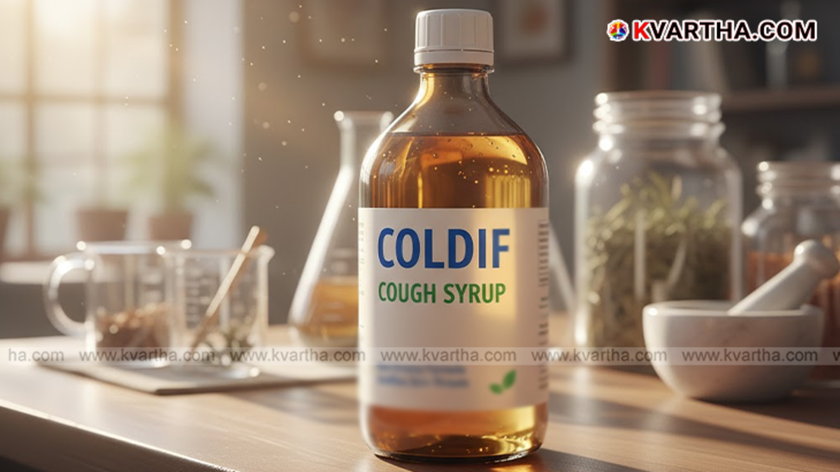 Coldrif cough syrup bottle with a chemical warning symbol