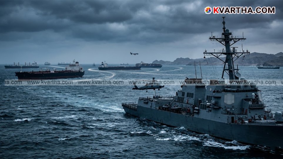 A symbolic scene of the US Navy's surveillance and diversion of ships in the Strait of Hormuz.