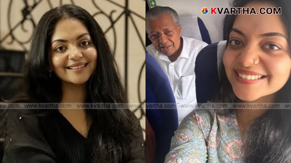 Ahaana Krishna and Pinarayi Vijayan smiling for a selfie on a plane.
