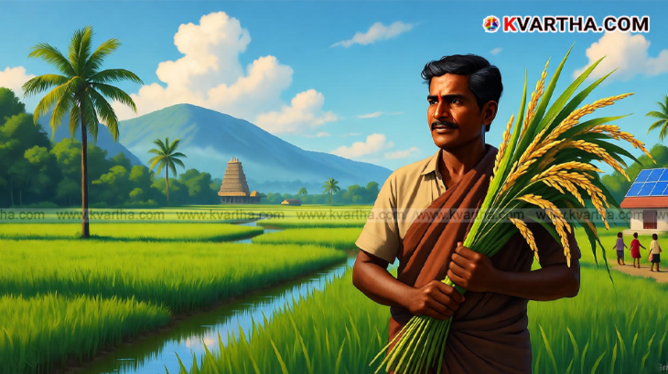 Farmers working in a lush green paddy field in Kerala