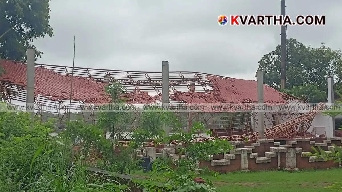 Conceptual image showing the collapsed structure of a heritage pavilion at a temple due to heavy rain.