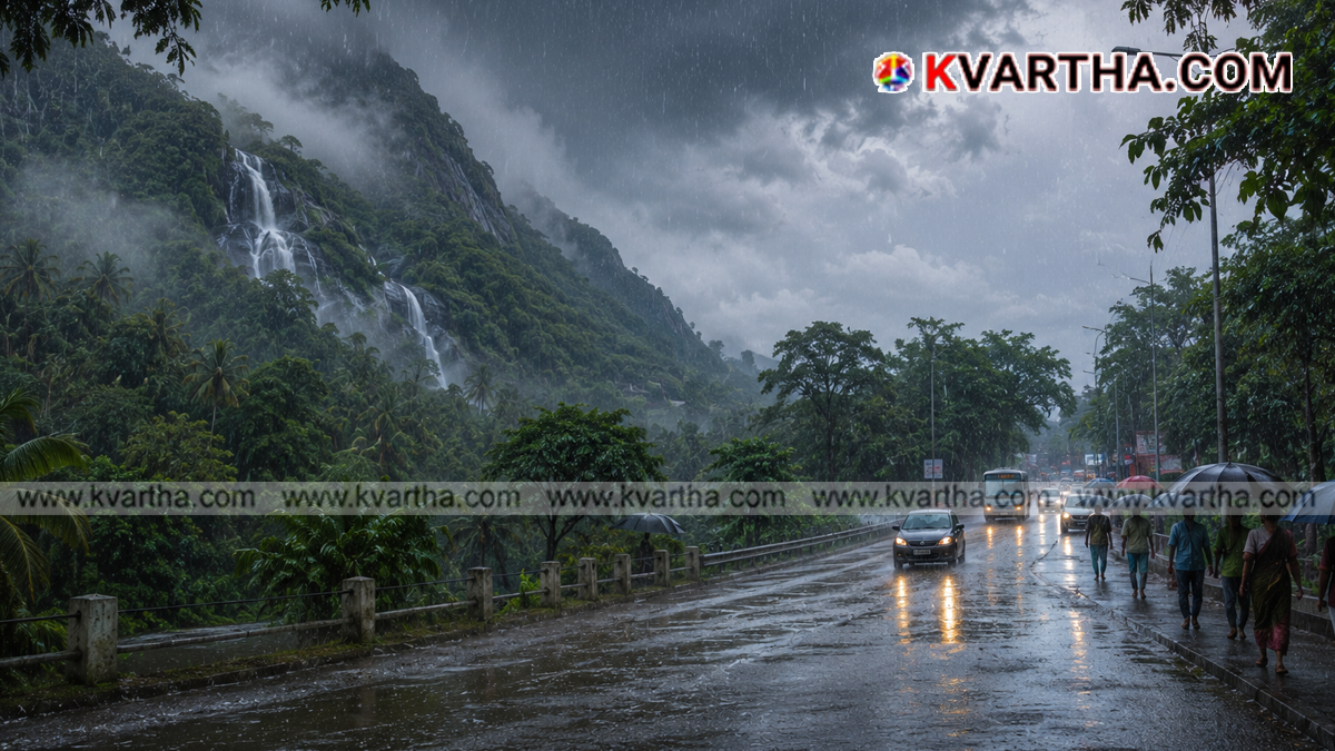 Dark clouds and heavy rain over a Kerala landscape