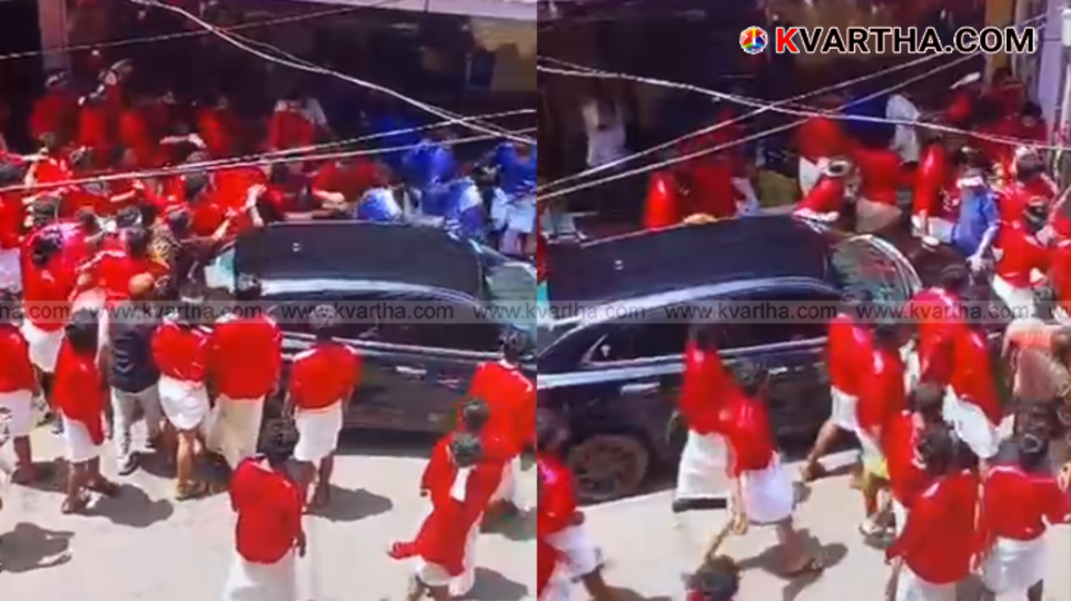 A group of students in a college campus during Onam celebrations, with a sign of a fight.