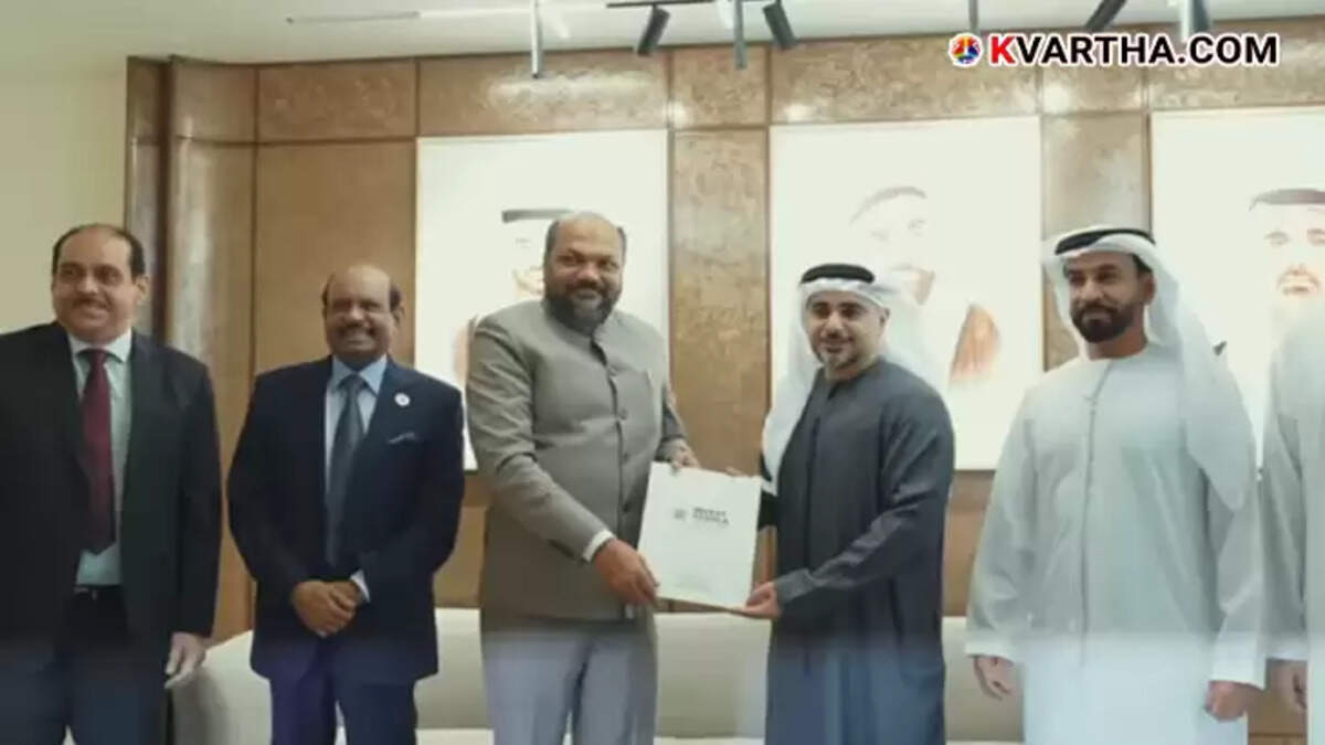 Kerala Industry Minister P Rajeev meeting with UAE Minister regarding investment opportunities.