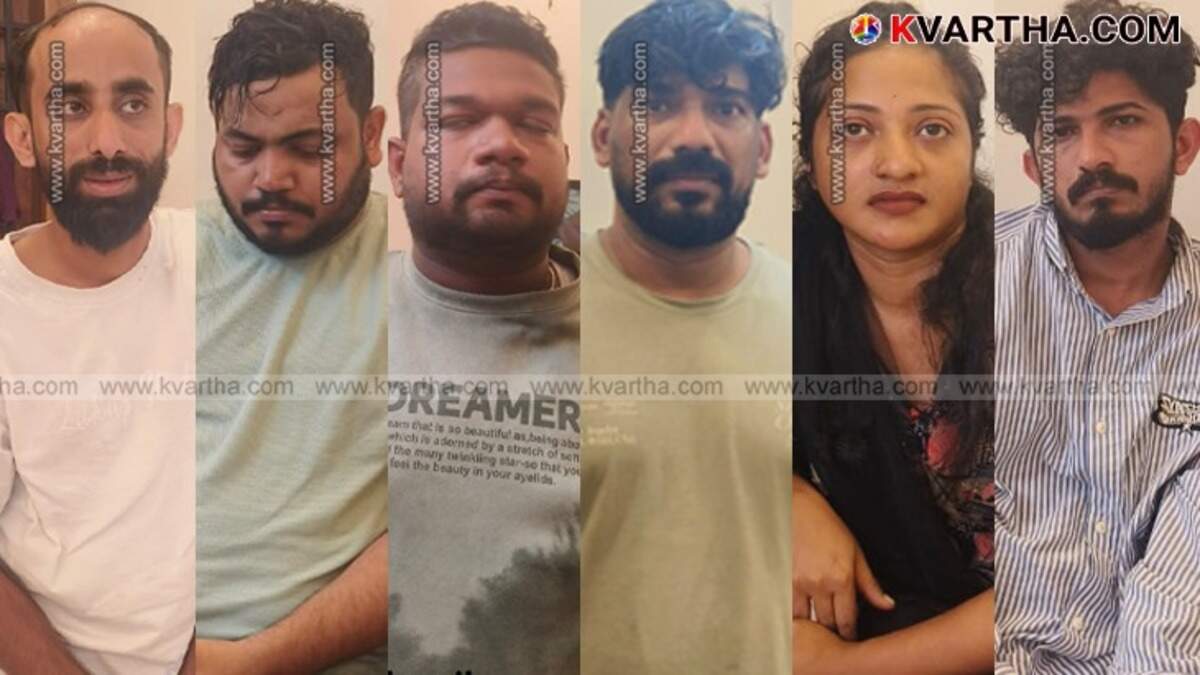 Police arresting suspects during a drug raid near Kannur airport.