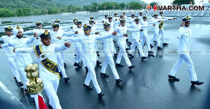 Cadets marching in a passing out parade at Ezhimala Naval Academy.