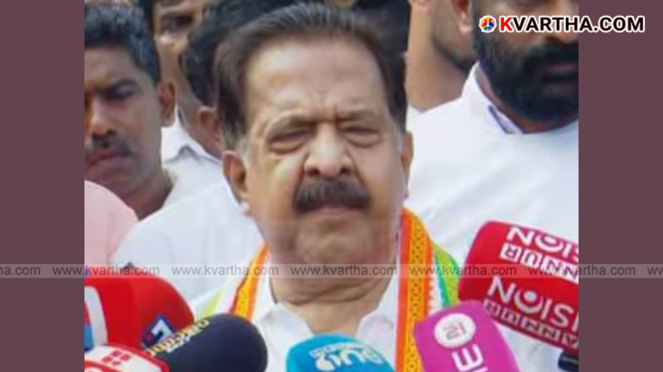 Former opposition leader Ramesh Chennithala speaking at a press conference in Kannur.