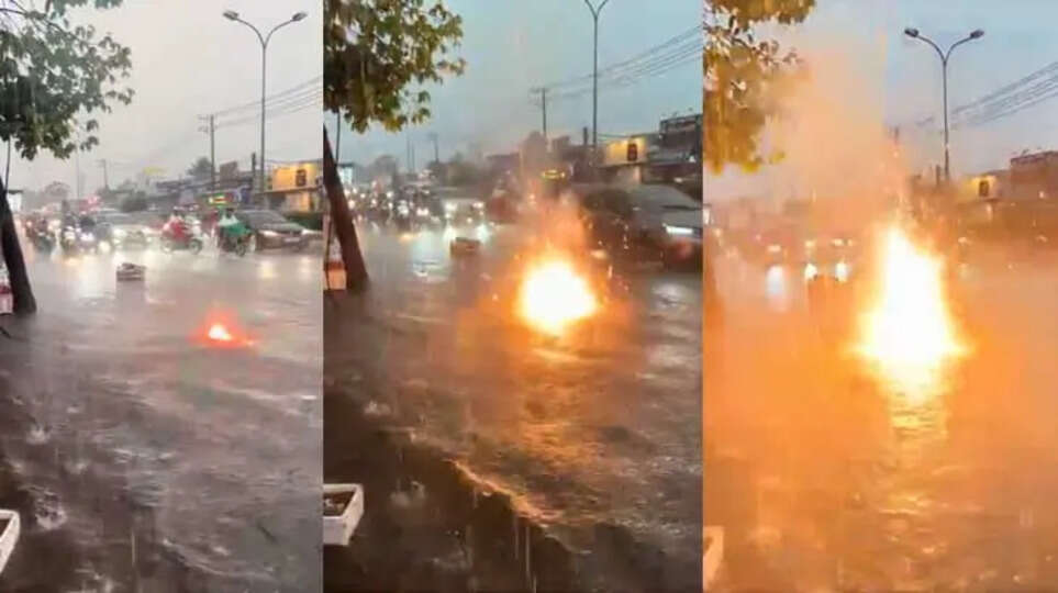 Fallen power lines during heavy rain in Vietnam