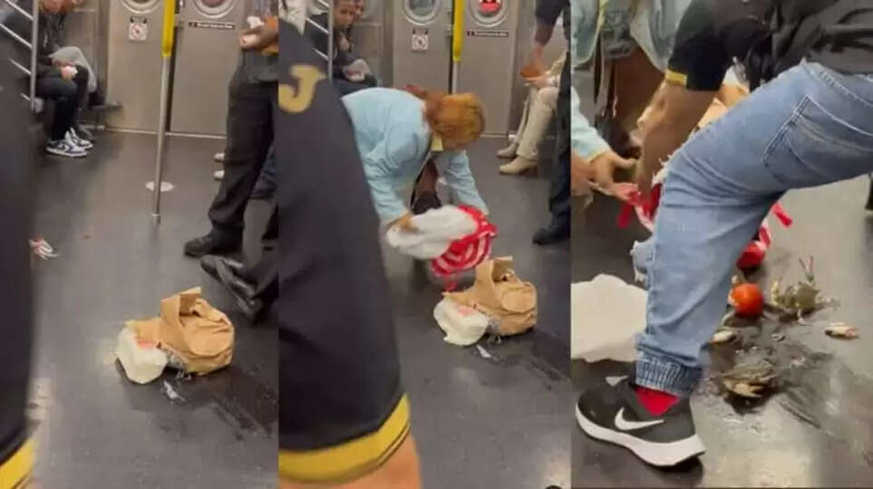 Woman's bag splits open on a metro, releasing live crabs