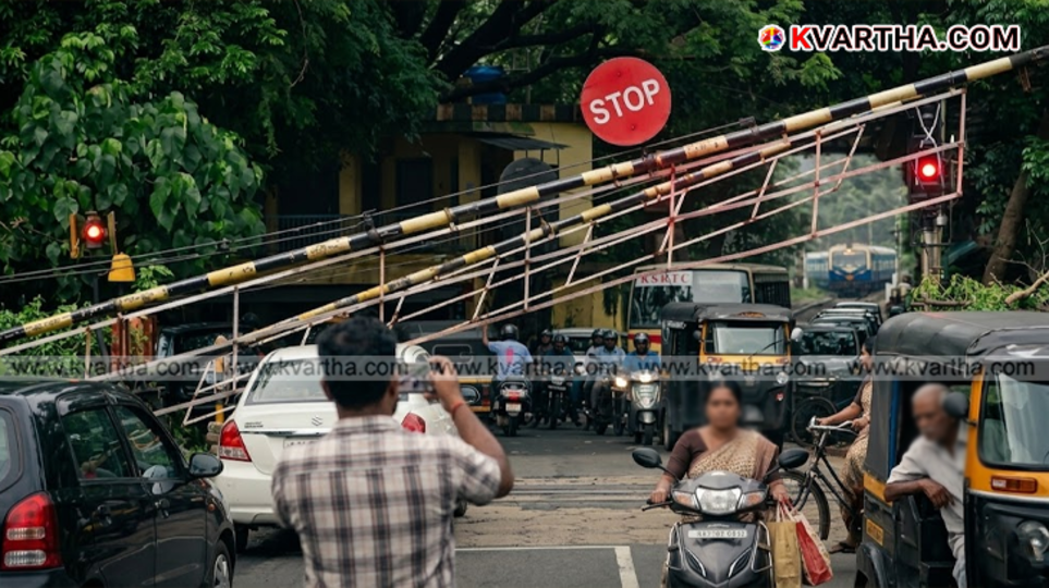 Vehicles crossing closing railway gate in Kerala representational image.