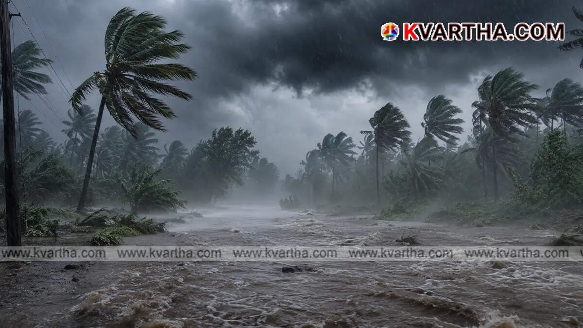  Intense monsoon rain flooding a street with trees swaying in strong winds in Kerala