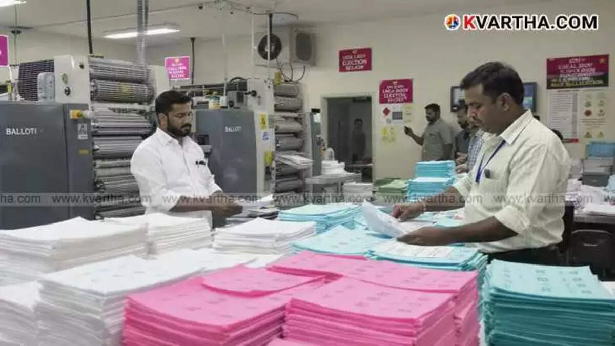 Close up of multi-colored ballot papers being printed for local body elections.