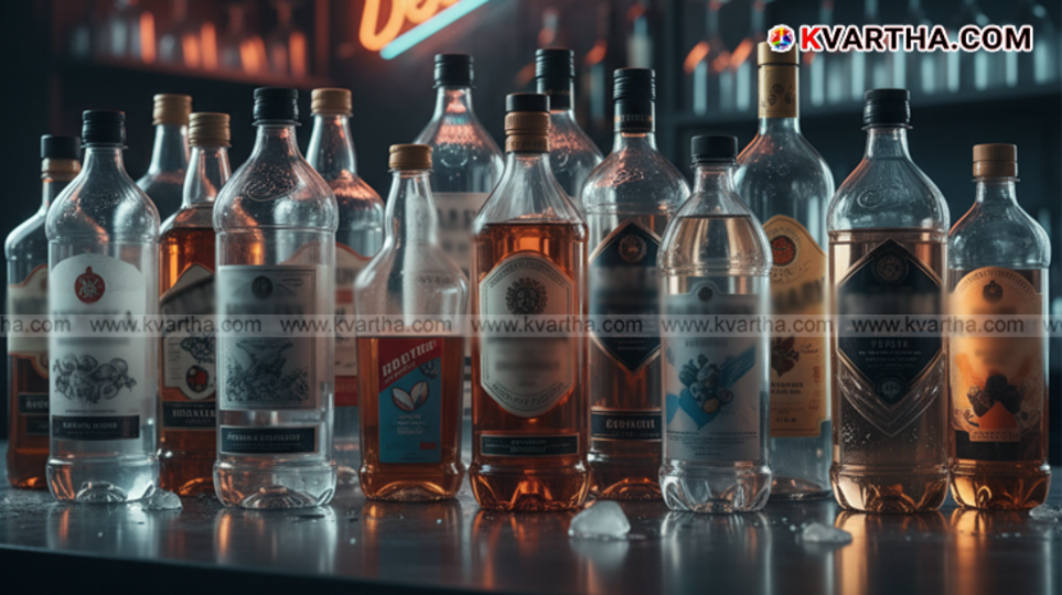 Stack of plastic liquor bottles sold at a Bevco outlet in Kerala.