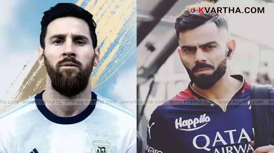 A split image showing Lionel Messi celebrating a football victory on one side and Virat Kohli celebrating a cricket victory on the other.