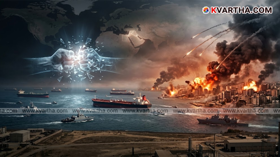 A symbolic scene of shipping traffic in the Strait of Hormuz and the Israeli attack on Lebanon.