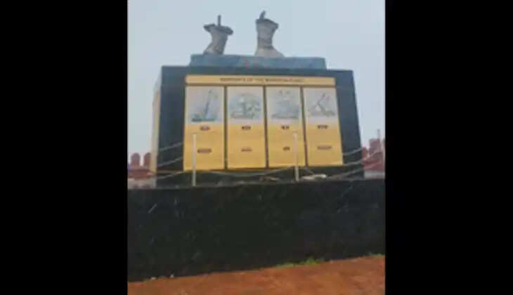 A collapsed statue of Chhatrapati Shivaji Maharaj