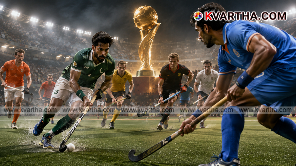 Representational image of a field hockey world cup trophy and match