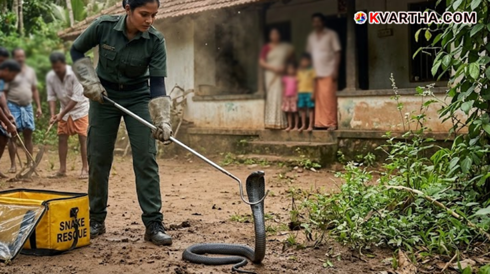 A snake volunteer safely captures a cobra from a populated area.