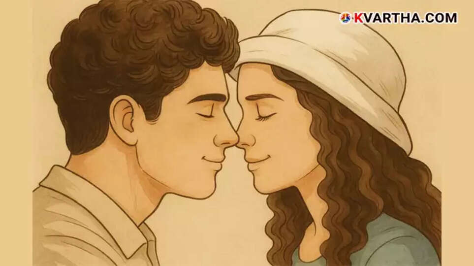 Two people affectionately touching noses in an Eskimo kiss.