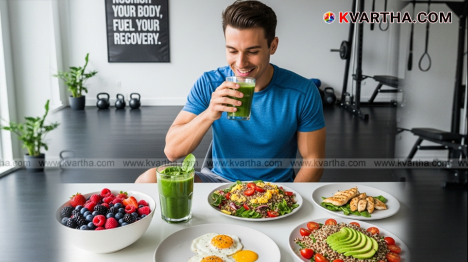 A variety of healthy foods like eggs, paneer, and bananas, suitable for post-workout meals