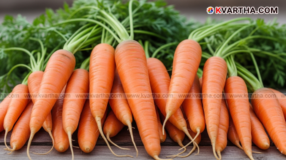 A bunch of fresh carrots showing their health benefits.