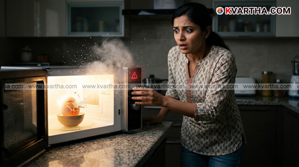 A symbolic scene of an egg exploding in a microwave oven and safe cooking methods.