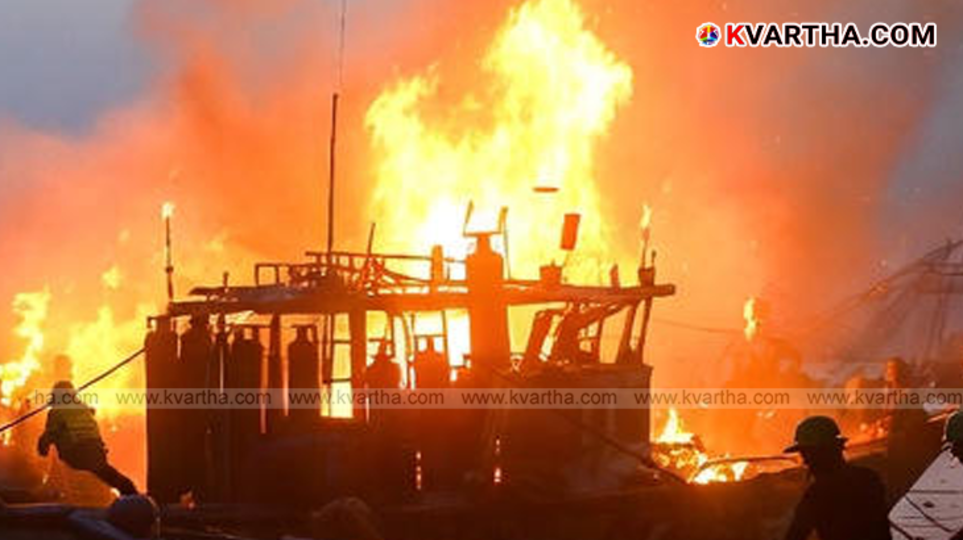 Ten fishing boats burning severely at night in Kollam Kureepuzha Lake.