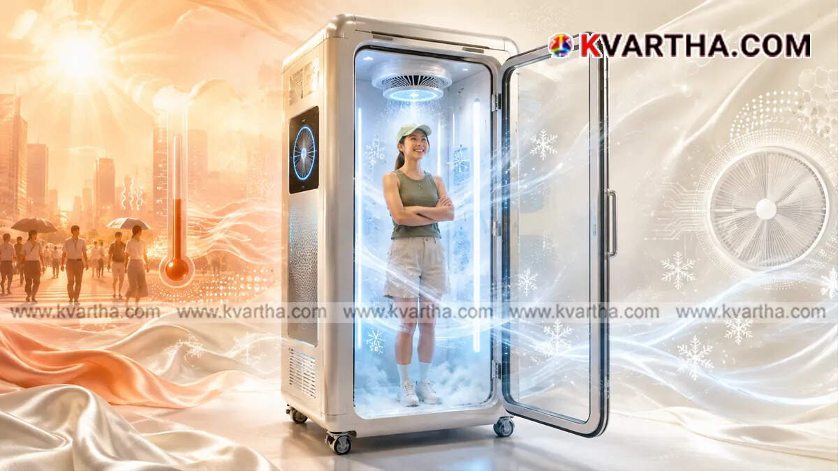 A person standing inside the Do Hiemon Box cooling booth to get relief from the heat