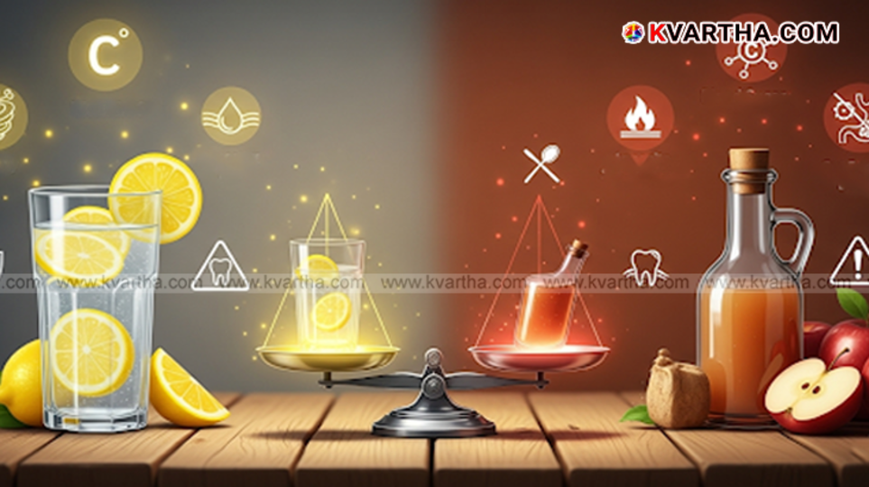 A glass of lemon water next to a bottle of apple cider vinegar, representing a comparison for health benefits and weight loss.