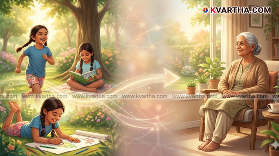 A child reading a book with healthy food on the table, symbolizing brain development and nutrition.