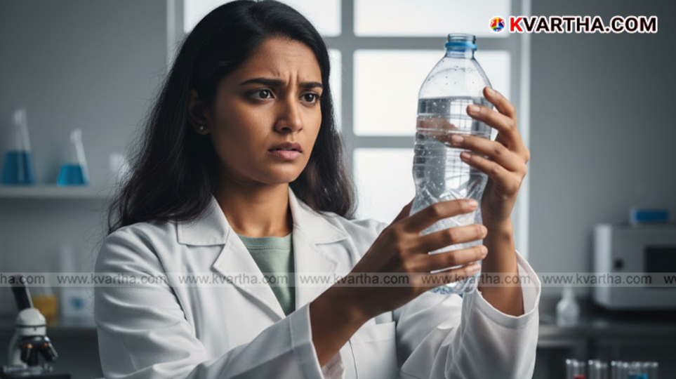 Bottled water with an indication of microplastic contamination.