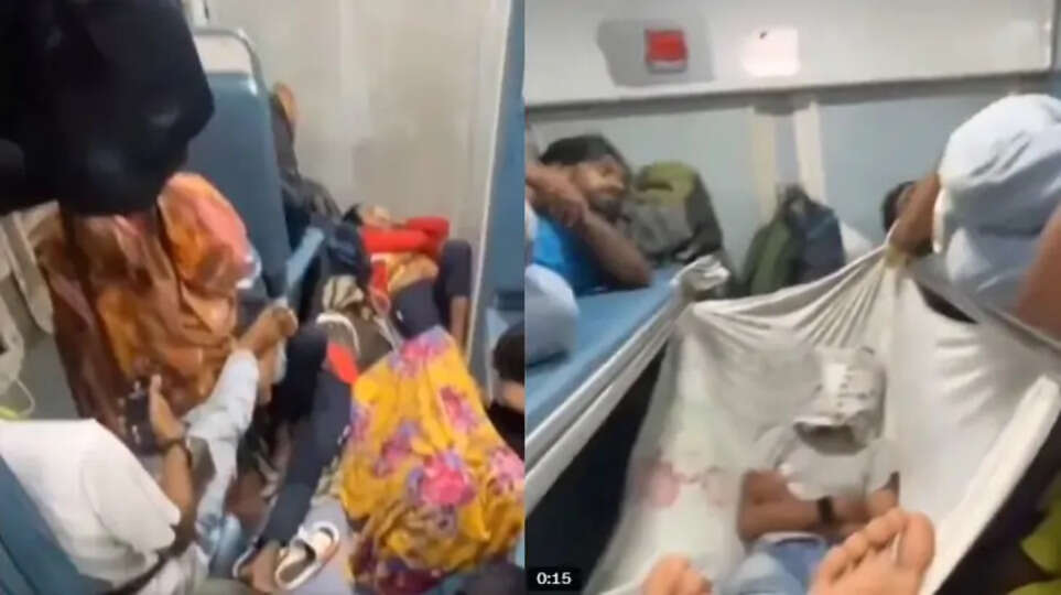 Man Creates Hammock on Crowded Train