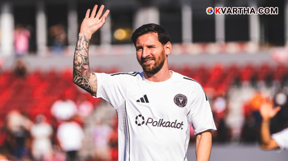 A group of passionate Kerala football fans celebrating with a Lionel Messi poster.