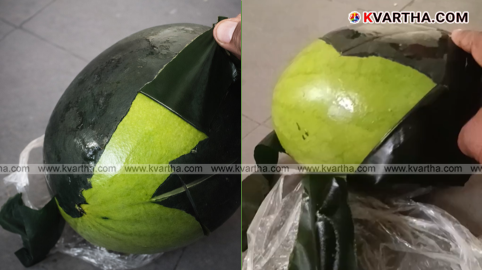 A layer of watermelon skin being peeled off, resembling a plastic film.