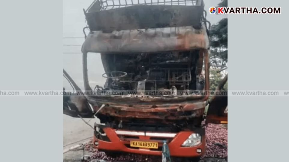 Burnt lorry carrying onions near Nelamangala