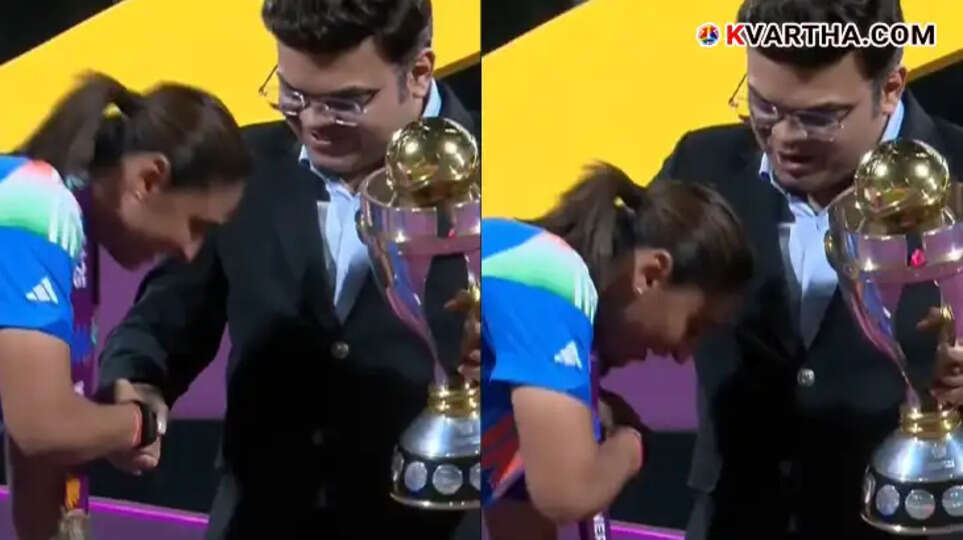 Before lifting the World Cup trophy Kaur touched the feet of Jay Shah