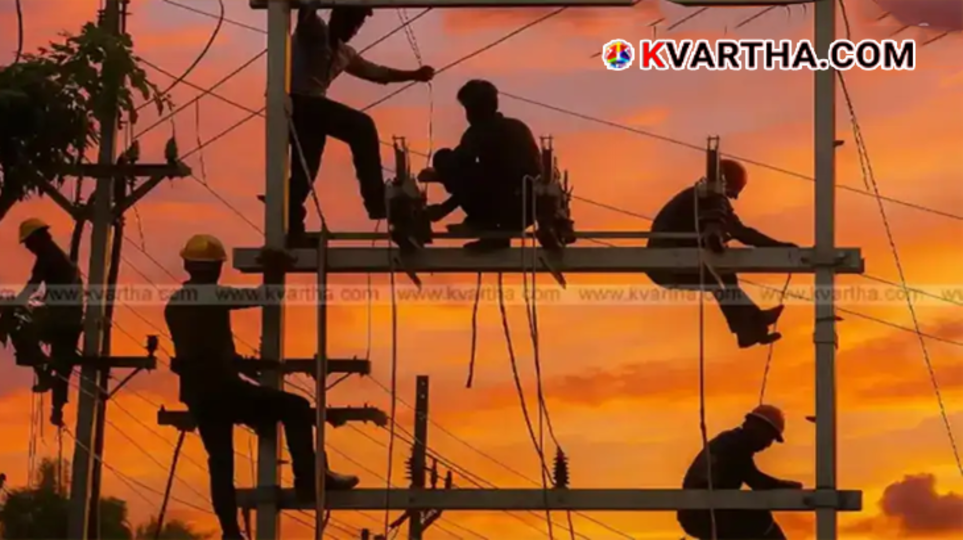 KSEB line workers performing emergency maintenance repairs on outdoor electricity distribution cables under cloudy weather.