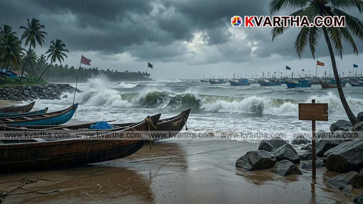 Fishing boats anchored at Kerala coast during a weather alert.