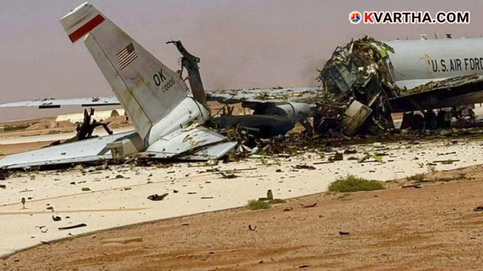 Satellite image representation of a broken US Boeing E-3 Sentry aircraft at Prince Sultan Air Base in Saudi Arabia, 2026.