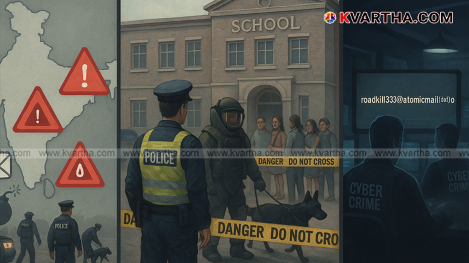 Police officers inspecting a school building after a bomb threat.