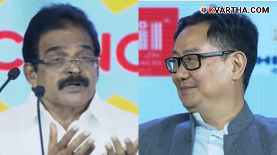 KC Venugopal MP and Kiren Rijiju on stage at the Media Conclave.